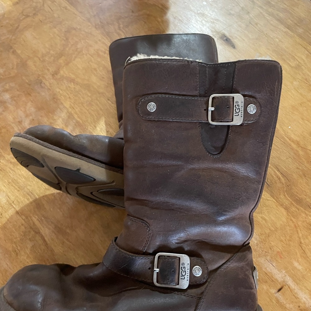 UGG Dark Brown Leather Boots with Buckle Detail